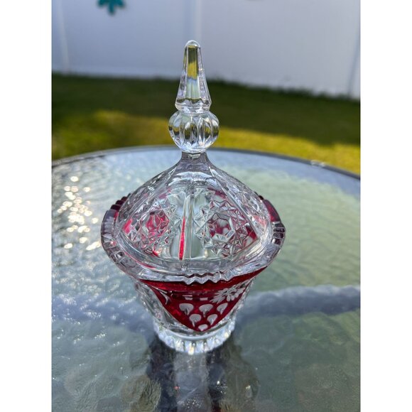 Vintage Anna Hutte Bleikristall Glass Candy Dish Jar Footed Lidded Cranberry Red - Picture 3 of 7